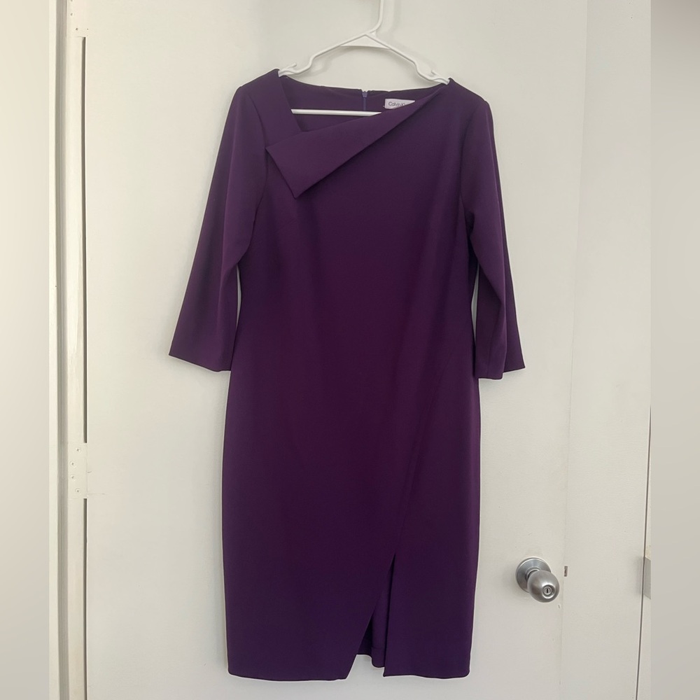 Calvin Klein Deep Purple Sheath dress with front slit and collar detail